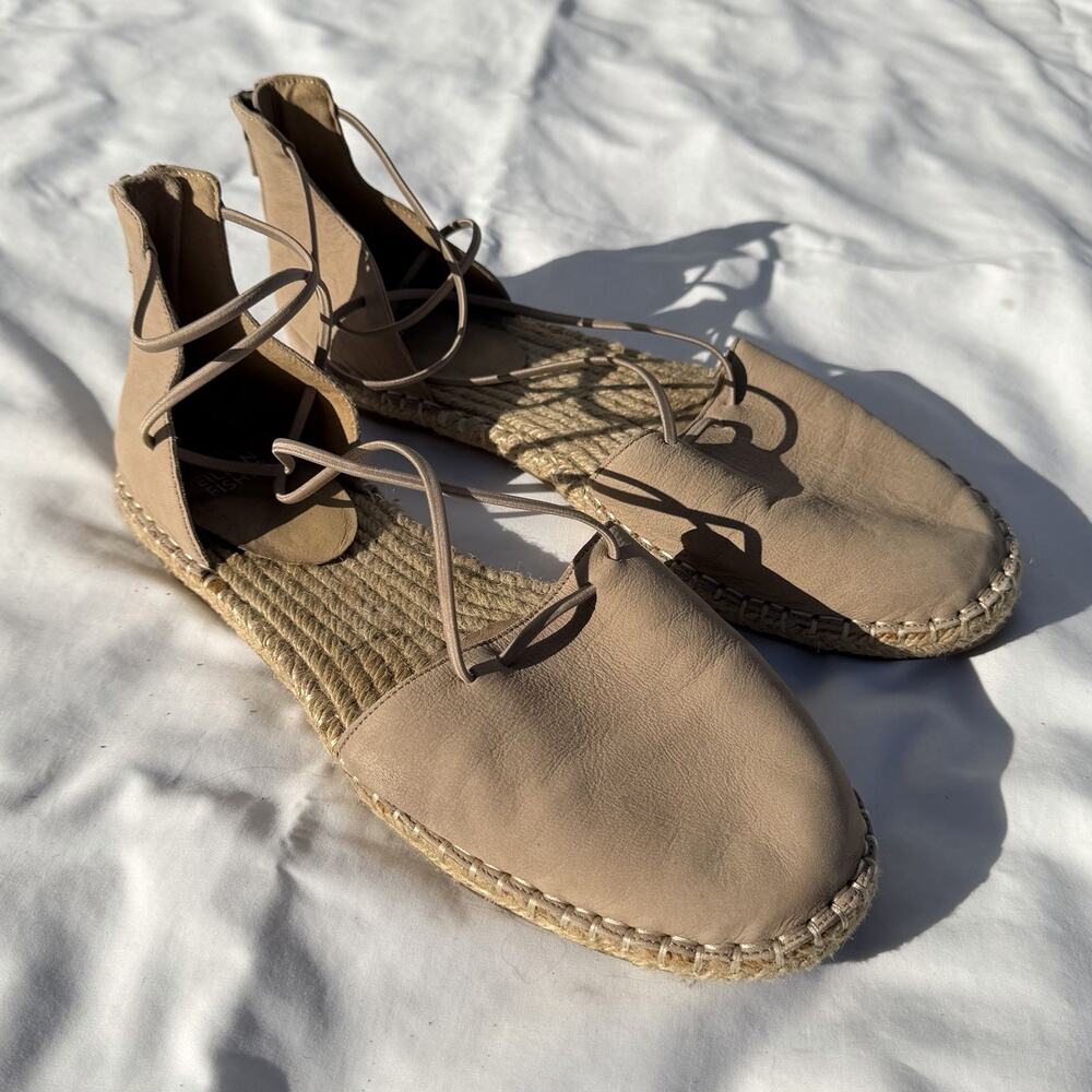 Eileen Fisher Lace Up Flat Espedrille Shoes Womens 10 Beige Leather
